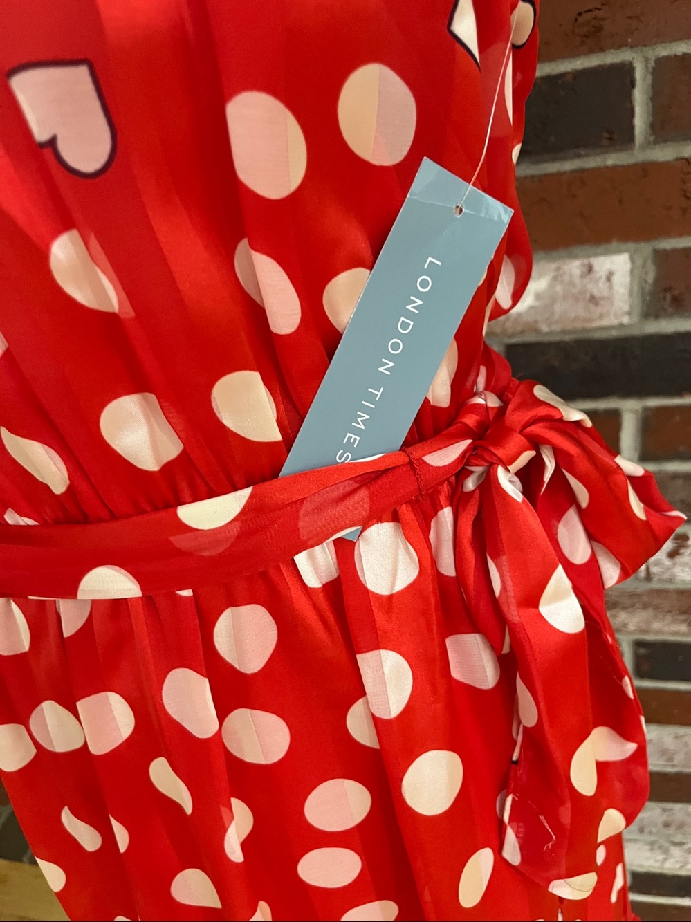 LONDON TIMES Red and White Polka Dot Sleeveless Satin Ruffled Hem Dress 16 NWT - Picture 7 of 12